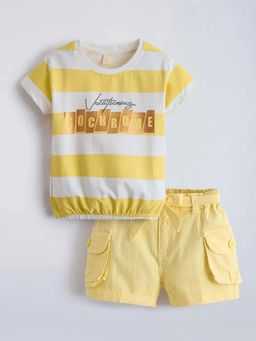 Hopscotch - Yellow Striped Elasticated T-Shirt And Shorts With Belt