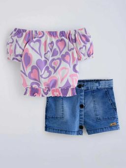 Hopscotch - Multi-Color Heart Off-Shoulder Cotton T-Shirt And Shorts