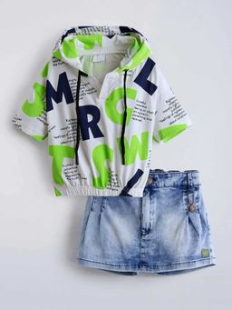 Hopscotch - White Printed Hooded T-Shirt And Skorts