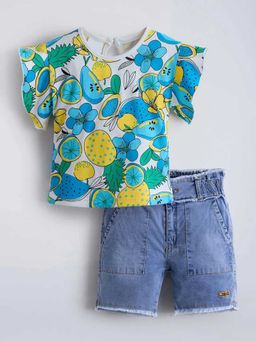 Hopscotch - White Floral Ruffled Top And Shorts