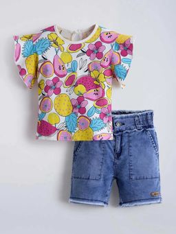 Hopscotch - White Floral Ruffled Top And Shorts