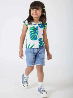 Hopscotch - White Tropical Ruffled Collared Shirt And Shorts