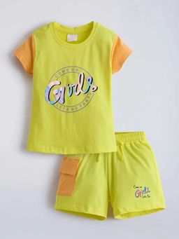 Hopscotch - Yellow Colorblock Printed T-Shirt And Shorts
