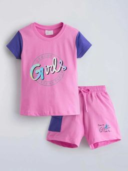 Hopscotch - Pink Colorblock Printed T-Shirt And Shorts