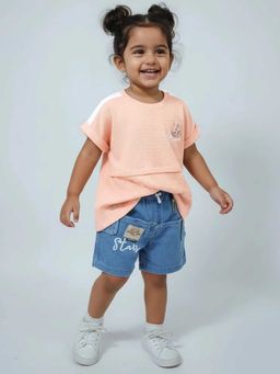 Hopscotch - Orange Bunny Applique Textured T-Shirt And Shorts