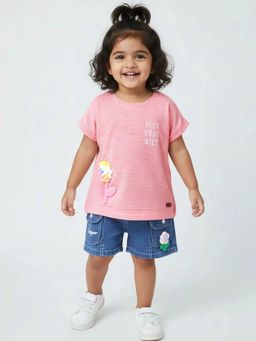 Hopscotch - Pink Floral Applique Textured T-Shirt And Shorts