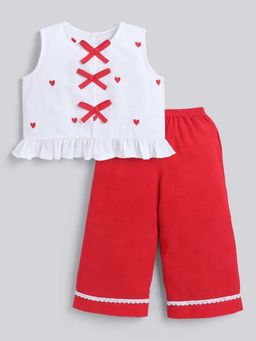 Hopscotch - Heart Bow Applique Ruffled Top And Pant