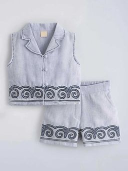 Hopscotch - Grey Spiral Embroidery Collared Vest And Shorts
