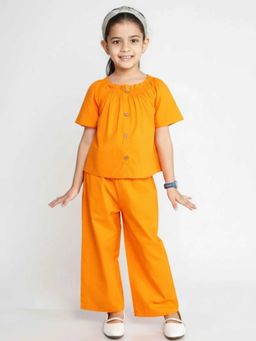 Hopscotch - Orange Cotton Solid Shirt And Pant