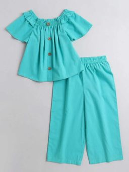 Hopscotch - Turquoise Cotton Solid Shirt And Pant