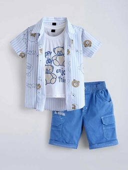 Hopscotch - Blue Teddy Applique Striped Cotton Shirt Tank And Shorts