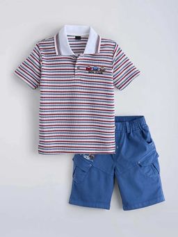 Hopscotch - Multi-Color Vehicle Striped Cotton Polo T-Shirt And Short