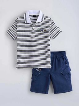 Hopscotch - Multi-Color Vehicle Striped Cotton Polo T-Shirt And Short