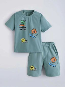 Hopscotch - Khaki Graphic Print T-Shirt And Shorts