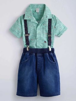 Hopscotch - Cotton All Over Print Shirt And Shorts With Suspender