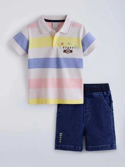 Hopscotch - Multi-Color Cotton Striped Polo T-Shirt And Shorts