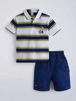 Hopscotch - Multi-Color Cotton Striped Polo T-Shirt And Shorts