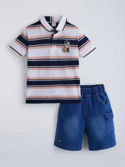 Hopscotch - Multi-Color Cotton Striped Polo T-Shirt And Shorts