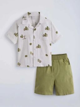 Hopscotch - White Cotton All Over Print Shirt And Shorts