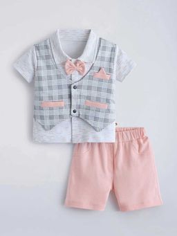 Hopscotch - Peach Bow Applique Checkered 4 Piece Formal Set