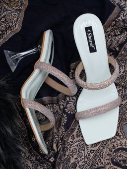 Sherrif Shoes - Womens Two Strap White Slip On Stiletto Heel