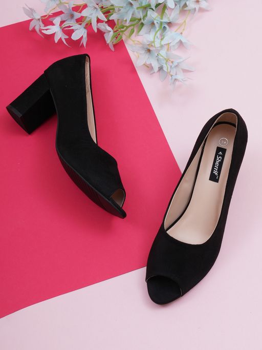 Buy Sherrif Shoes Womens Peep Toe Black Block Heel Slip On Online