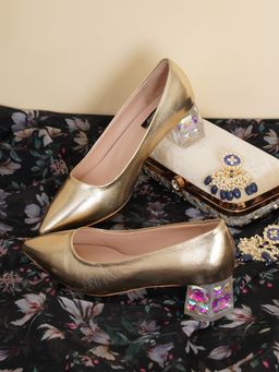 Sherrif Shoes - Womens Golden Block Heel Pumps