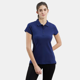 Jockey - UL34 Women Cotton Elastane Pique Fabric Printed Polo T-Shirt - Imperial Blue