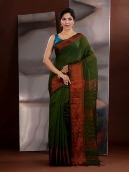 CHARUKRITI - Sap Green Cotton Blend Zari Handwoven Saree with Unstitched Blouse