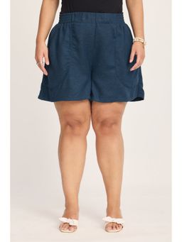 Virgio - Navy Blue Solid Cotton High Waisted Plus Size Shorts