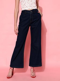 STREET 9 - Navy Blue Solid Wide Leg Denim Jeans