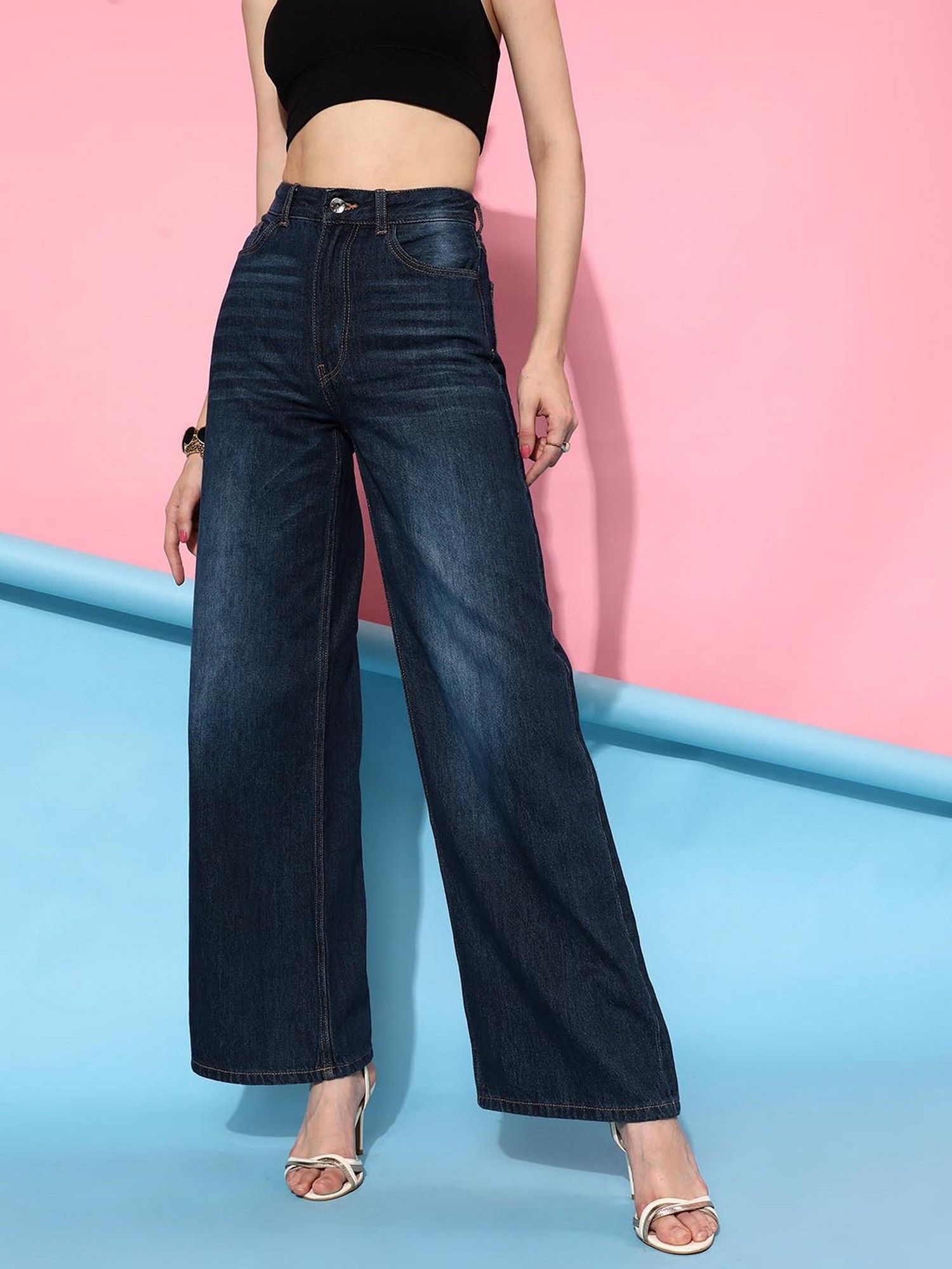 street 9 Navy Blue Wide Leg Denim Jeans-picture-11