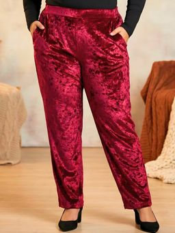 Indietoga - Women Plus Size Red Solid Velvet Trouser