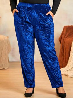 Indietoga - Women Plus Size Navy Blue Solid Velvet Trouser