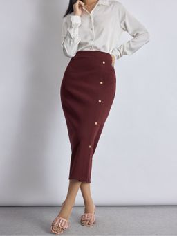 The Label Life - Maroon Merlot Front Slit Knit Skirt