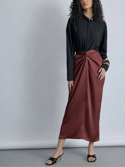 The Label Life - Maroon Terracotta Satin Draped Skirt