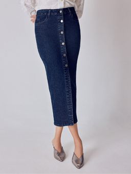 The Label Life - Blue Denim Buttoned Front Slit Skirt