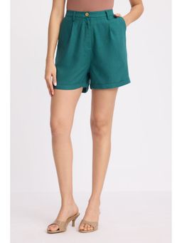 Virgio - Green Solid Viscose Relaxed High Waist Shorts