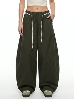 Outzidr - Olive High Waist Contrast Drawstring Pant