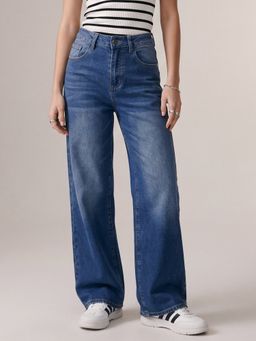 Outzidr - Blue Clean Washed Folded Hem Jeans