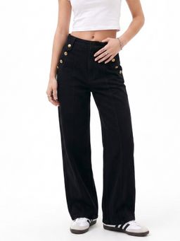 Outzidr - Black Slant Buttoned Pocket Straight Leg Jeans