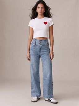 Outzidr - Blue Wide Waistband Jeans with Lower Side Slit and Buttons