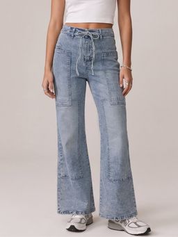 Outzidr - Blue Belt Tie Up Details Baggy Denim Jeans