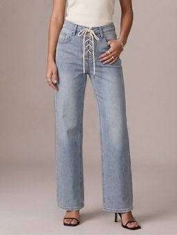 Outzidr - Light Blue Gladiator Tie Up Denims Jeans