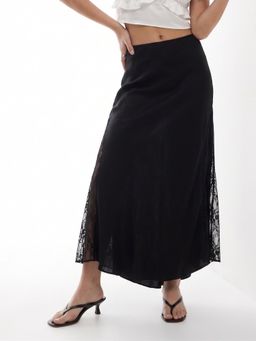 Outzidr - Black Self Design High Waist Lace Detail Skirt