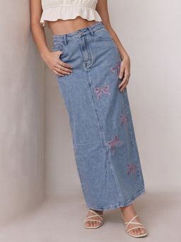 Outzidr - Blue Bow Embroidered Denim Skirt