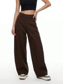 Outzidr - Brown High Waist Pleated Trousers
