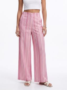 Outzidr - Pink High Waist Striped Trousers