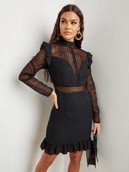 Styli - Black Ruffle Edge Sheer High Neck Mini Dress