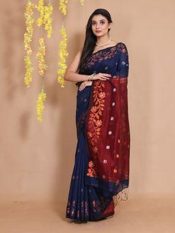 CHARUKRITI - Midnight Blue Cotton Zari Floral Motifs & Designs Handwoven Saree with Unstitched Blouse